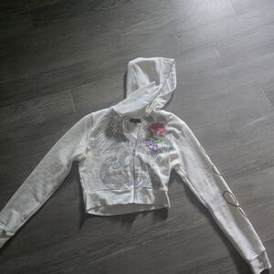 Ed Hardy Cream Hoodie with Red and Purple Accents